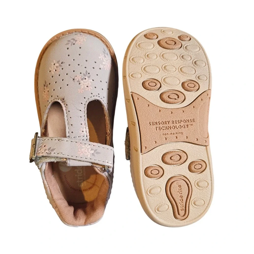 Stride Rite SRT Nell Mary Jane Toddler 5.5M Grey Floral Leather T-Strap Shoes